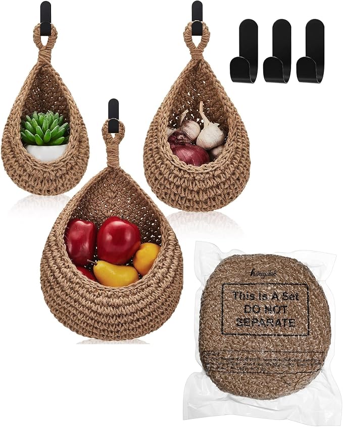 3 Hanging Baskets,Linen,Teardrop,Jute | Wicker Wall Baskets with Hooks for Fruit Vegetable Onion Storage, Teardrop Organizer for Kitchen, Boho Farmhouse Decor