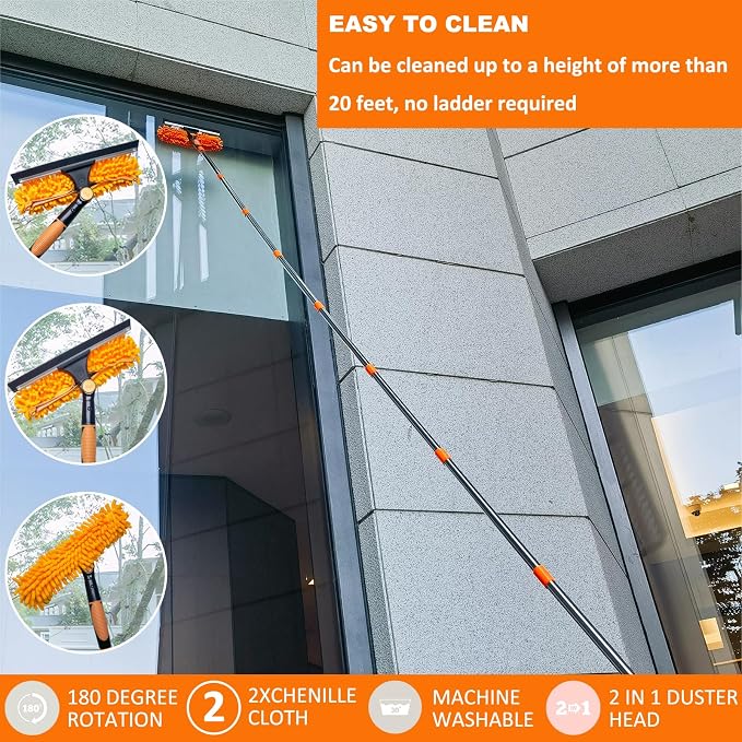 20+ Ft Reach 2 in 1 Window Washing Squeegee with 3-14 ft Spliceable Extension Pole // Window Cleaning Tool & Window Washer Squeegee for Home Indoor Outdoor Window Washing