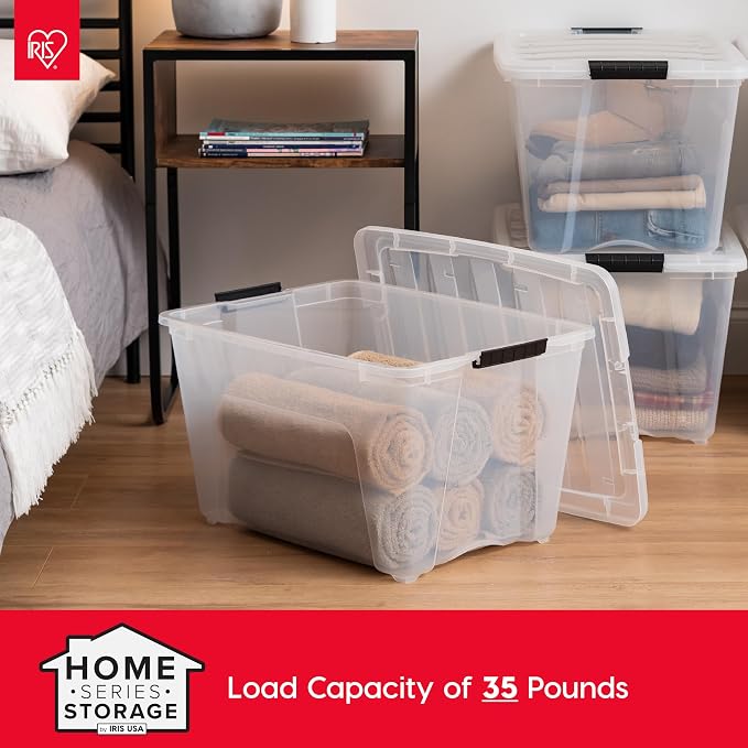 IRIS USA 6-Pack 54 Quart Storage Bins with Lids, Clear | Transparent design makes contents easy to find. Perfect for moving, blankets, clothing, and garage storage. Nestable design