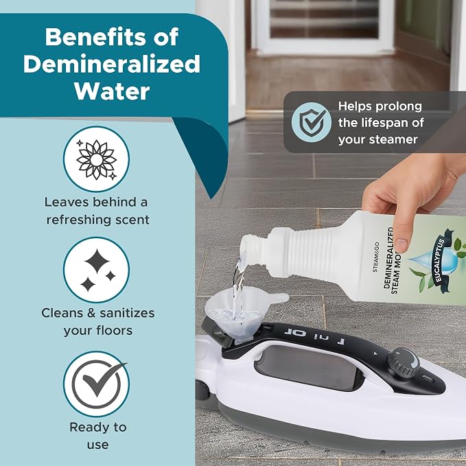 Steam & Go Demineralized Water for Steam Mop – Eucalyptus Mint Scent, 32 oz | Scented Floor Cleaner Solution, Ready-to-Use, Compatible with Any Steam Cleaner