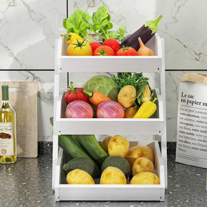 G.a HOMEFAVOR 3-Tier Fruit Basket for Kitchen Counter, White, Self-assembly | Large Fruit Bowl for Fruit Shop, Vegetable Storage Stand and Home Organizer, 15 mm Thickness