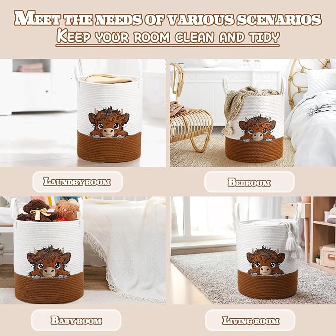 Honeydak Highland Cow Laundry Basket Brown Tall Cotton Rope Laundry Hamper Large Nursery Storage Basket for Toy Clothe Bathroom Bedroom Organization Decor, 15 x 17.7 Inches