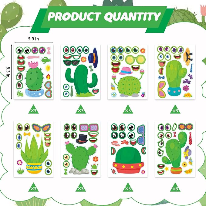 24 Sheets Cactus Make a Face Sticker, Make Your Own Cactus Stickers Mix and Match Sticker for Home School Classroom Crafts Activities Reward Birthday Party Favors