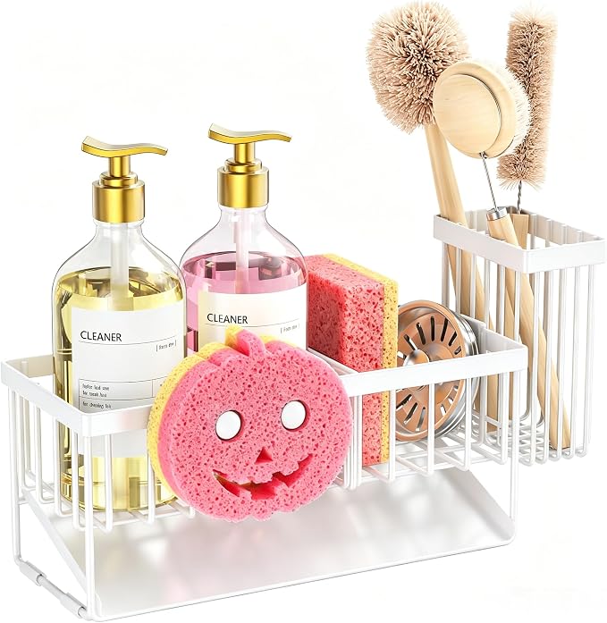 Sponge Holder for Kitchen Sink, Smiley Face Sink Caddy with Removable Brush Holder,Self-Draining Sponge Caddy for Sponge,Soap,Dish Brush,Scrubber,Kitchen Essentials and Gadgets