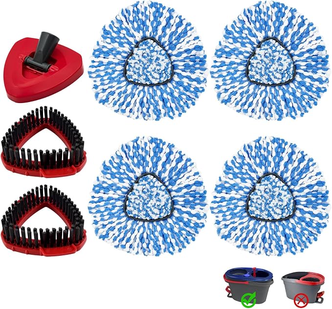 Mop Heads Replacements for O-Cedar RinseClean 2-Tank Spin Mop, Mop Replace Head for O Cedar, Mop Heads Include 4 Pack Mop Refills, 2 Scrubber Mop Heads, 1 Mop Base, Reusable, Easy to Replace