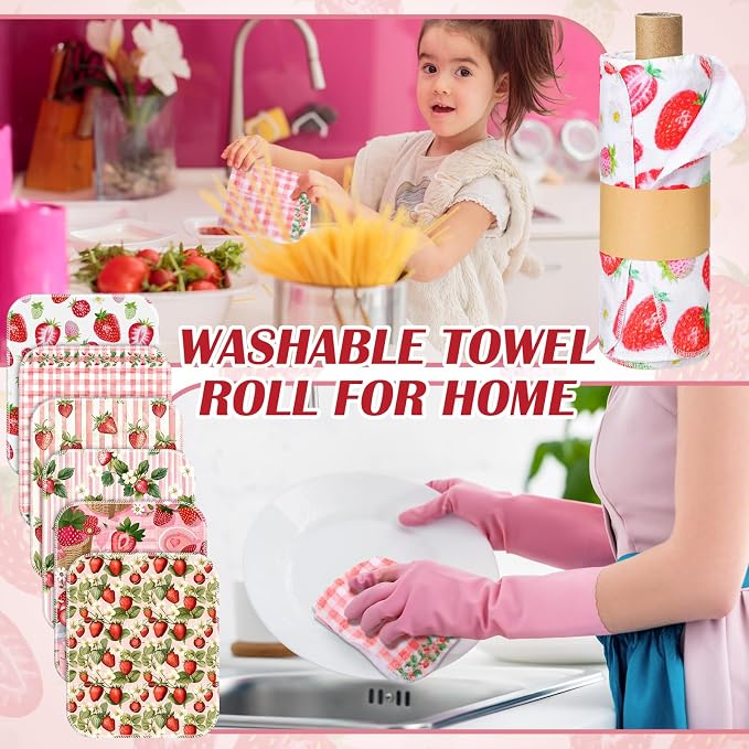 Reusable Kitchen Cloths Cotton Towel, 36 Pack, Strawberry | Washable 9.84x11.81in, Paperless Towel Rolls Bulk, Cleaning Cloth Napkins for Dishes