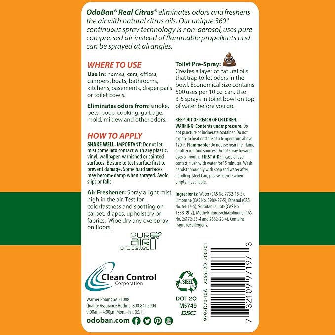 OdoBan Aroma Eliminator, 360-Degree Continuous Spray Natural Oil Real Citrus Air Freshener, Toilet Spray, 6-Pack, 10 Ounces Each, Orange Scent