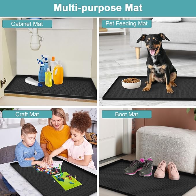 Waterproof Under Sink Mat, 28" x 19" Silicone Under Sink Mats for Kitchen, Under Kitchen Sink Mats and Protector Mat, Sink Cabinet Protector Mats for Bathroom, Black