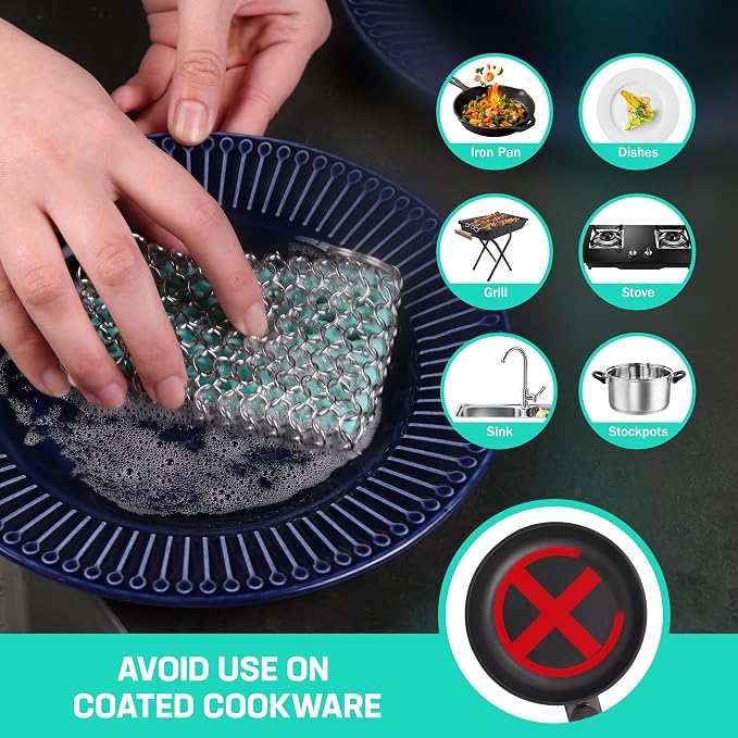 HAUSHOF Cast Iron Scrubber, Chainmail Scrubber Cast Iron Cleaner | Multi-Purpose Cleaning;Easy to Clean;Soft Silicone Liner;Protects Cast Iron Seasoning
