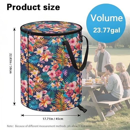 BIGCARJOB Tropical Leaves Collapsible Trash Can Portable Tall Trash Can Oval Recycling Bin 22.83x17.71 Outside Garbage Bin Storage Bag with Clip and Zipper Lid