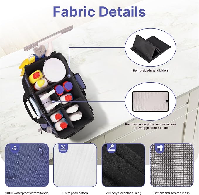 JKAOO Large Wearable Cleaning Caddy Bag with Handles, Denim Blue | Adjustable Shoulder & Waist Straps, Removable, Waterproof Tote for Cleaning Supplies, Home, Car, Office