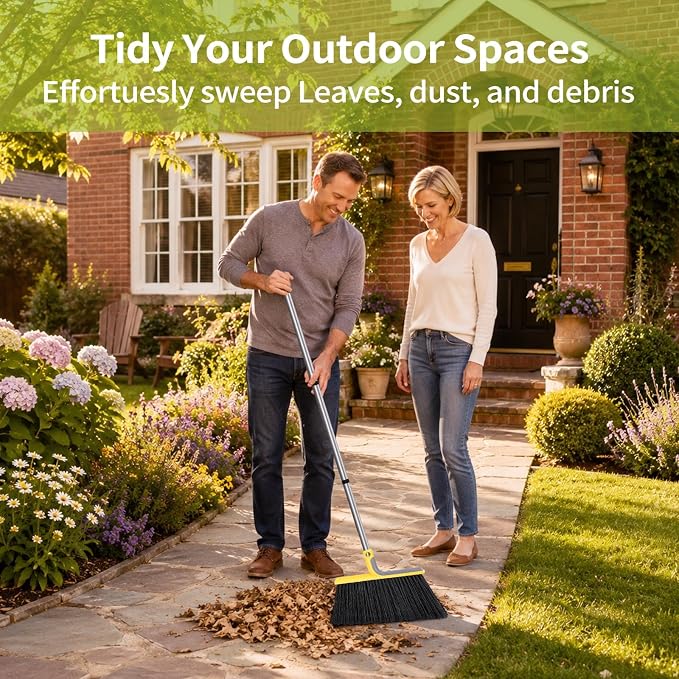 2 Pack Outdoor Broom, 58" Heavy Duty Commercial Broom, Yellow | Heavy-duty bristles, 58-inch handle, garage, patio, courtyard, commercial sweeping, leaves debris removal, durable