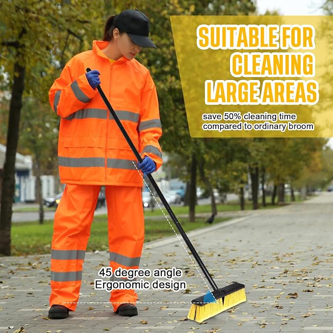 Zhehao 6 Pack 18 Inches Push Broom Outdoor, Multi Surface Garden Brush Broom with Adjustable 63" Long Handle for Deck, Driveway, Patio, Warehouse, Garage, Yard, Concrete Floor Cleaning (Yellow)