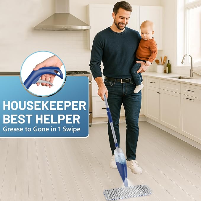 Papclean Spray Mops for Floor Cleaning: Double Sided Dust Mop for Hardwood Wood Tile Floor with Reusable Microfiber Pads - Wet Dry Kitchen Bathroom Cleaning