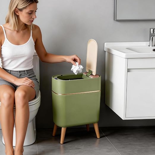 suyika Automatic Trash Can, 2.6 Gallon/10L, Wood Grain Lid and Legs | Bathroom Trash Can with Lid, Touchless, Waterproof Garbage Bin, For Bedroom, Bathroom, Office, Living Room