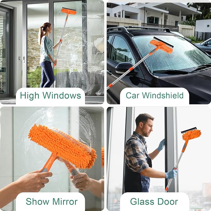 Window Cleaning Kit with 85” Extension Pole & 3 Gallon Collapsible Bucket | 2-in-1 Rotatable Window Cleaner Tool, 14" Squeegee & 15" Scrubber,Window Squeegee with Extension Pole,Window Washing Kit