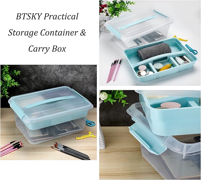 BTSKY Stack & Carry Box, Clear Plastic Storage Container Stackable Home Utility Box with Removable Tray Multi-Purpose Storage Bin for Organizing Stationery, Sewing, Art Craft Supplies(Blue) | Stackable Home Utility Box Multi-Purpose Storage Bin for Org...