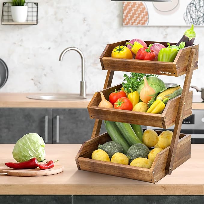 G.a HOMEFAVOR 3-Tier Acacia Wood Fruit Basket for Kitchen, Self-assembly | Large Fruit Bowl for Kitchen Countertop, Fruit Stand Storage Holder for Vegetables and Snack Home Organizer