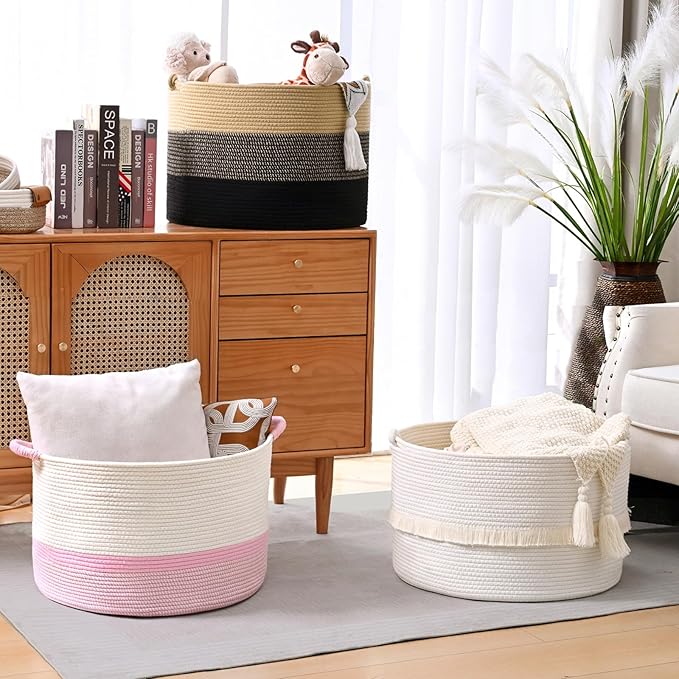 67L Large Blanket Basket, 20"x13" Woven Storage Baskets With Handle, Cotton Rope Blanket Basket Living Room, Baby Laundry hamper for Blanket, Nursery, Toy, Pillow (Brown & Black)