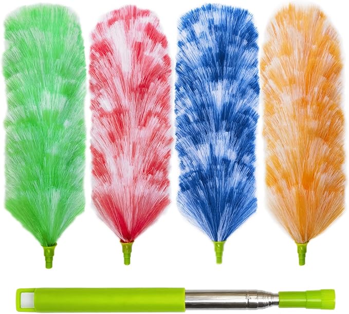 4 Pack Washable Electrostatic Duster, Extendable Pole 25" to 55", Feather Duster for Cleaning, Electrostatic Feather Duster