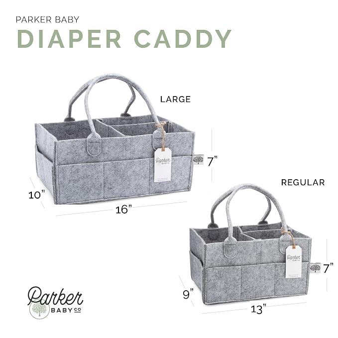 Parker Baby Co. Felt Diaper Caddy Organizer - Regular, Gray | Portable nursery storage bin for diapers, wipes, bottles & baby essentials for home/car. Soft felt, foldable design 13x9x7"