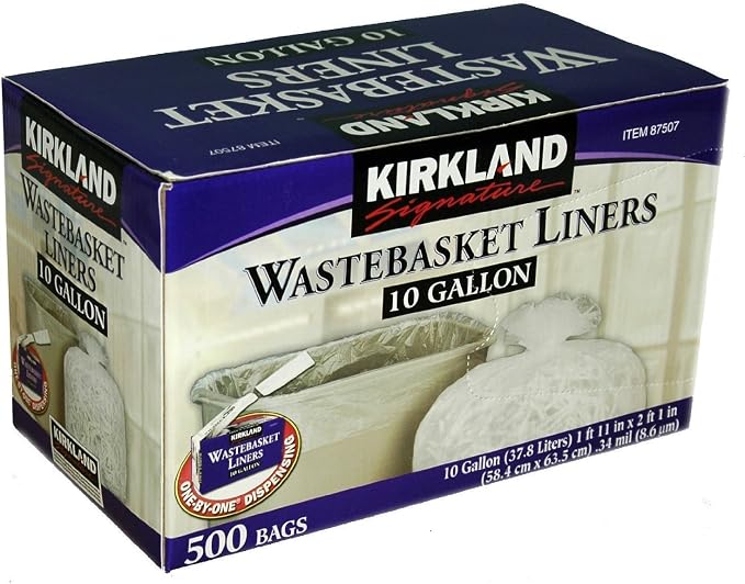 Kirkland Signature 10 Gallon Clear Wastebasket Liner, 2 Pack (500 Bags)