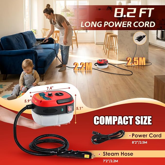 2500W Handheld Steam Cleaner, Pressurized Steam Cleaning Machine with 3 Brush Heads, 20s Heat Up, 1L Tank, Multipurpose Mini Portable Steamer for Tile, Grout, Furniture, Kitchen, Car, Home