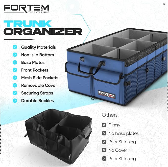 FORTEM Trunk Organizer - Foldable Car Organizer & Storage for SUVs & Trucks | Car Accessories for Men Women, Collapsible Bag, Non Slip Bottom, Straps, Soft Cover, 600D Oxford, Blue, 6 Compartments, 85L