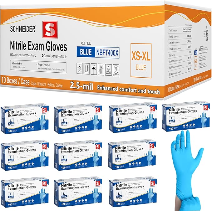 Schneider Medical Exam Glove, Gloves Disposable Latex Free, Powder Free | 2.5-Mil, Blue Nitrile Gloves, Food Safe Gloves, Cooking Gloves, Cleaning Gloves