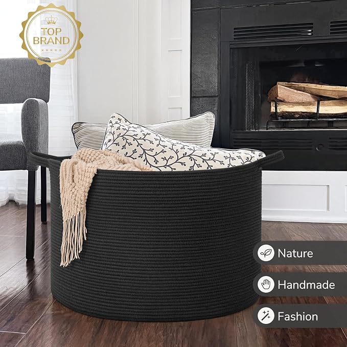 INDRESSME 115L Extra Large Woven Rope Blanket Basket Living Room, Black | 23.6" x 15.7" Storage baskets for toys laundry & pillows. Fits living room, bedroom or nursery décor. Soft-touch with handles