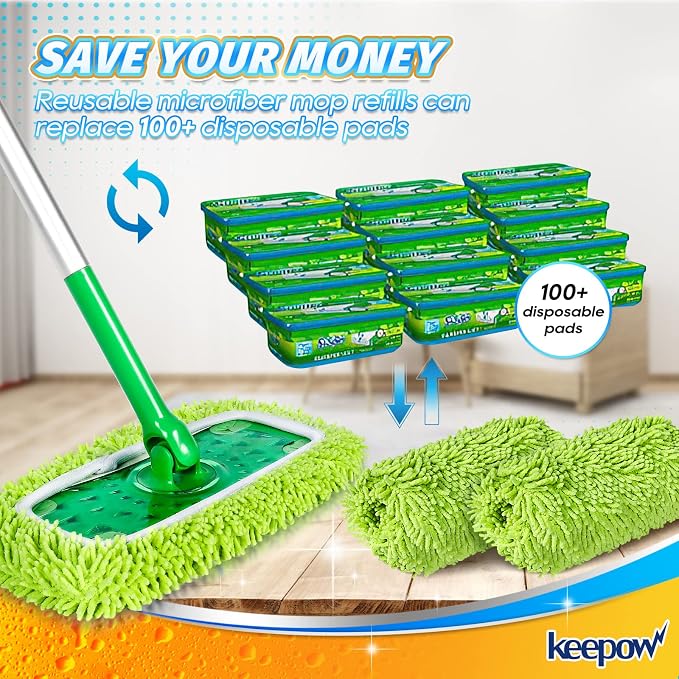 KEEPOW Reusable Microfiber Mop Pads Compatible with Swiffer Sweeper, 6 Pack | Dry Sweeping/Wet Mopping Cloths, Washable Microfiber Mop Pads Refills for Hard-Surface/Hardwood Floor Cleaning