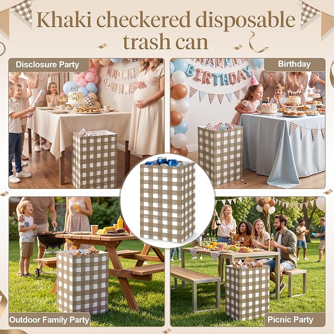 Tinlade 6 Pack Disposable Trash Cans for Parties 13 Gallon Pop up Trash Cans Large Collapsible Garbage Bins Thick Foldable Recycling Bin for Holiday Party Gatherings, Khaki Plaid