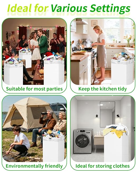Kaiferty 30 Gallon Disposable Trash Cans for Parties, 2 Pack Extra Large Collapsible Pop Up Trash Can with Handles, Portable Cardboard Garbage Can & Recycling Bin for Party Kitchen Camping, White