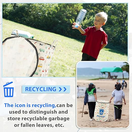 Jingmore 1 Pcs 30 Gallon Collapsible Trash Can Portable Reusable with Zippered Lid Garbage Can for Camping Parties Outdoor RV's Recycling, Yard Waste, Leaf Bag, Children Toy(Recycling Style)
