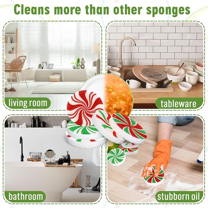 Whaline 8Pcs Christmas Candy Kitchen Sponges Red Green Xmas Candy Water Absorbing Dish Washing Sponge Non Scratch Cleaning Scrub Sponges for Dish Pots Pans Dishwashing Holiday Home Kitchen Bathroom