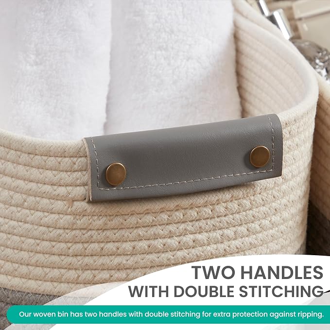 3 Pack Woven Cotton Rope Storage Basket, 15x10x9, White/Gray | Faux Leather Handles; Decorative Closet Shelf Organizer; Ideal for Storage & Organization