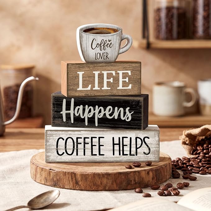 Moucuny 4 Pcs Wooden Coffee Bar Signs Farmhouse Table Decor Blocks | Stackable Rustic Blocks with Quotes, Tiered Tray Accessories, Kitchen Countertop Centerpiece, Home Cafe Corner Decorations