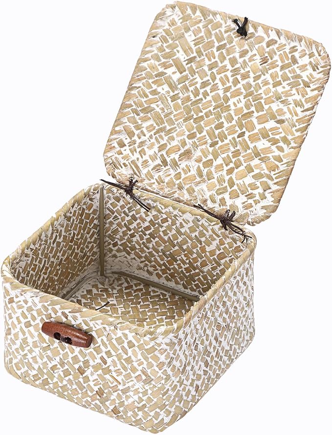Hipiwe Small Seagrass Basket with Lid Handwoven Decorative Shelf Basket Mini Wicker Storage Box Multipurpose Desktop Organizer for Key Hair Ties, Whitewash 4.7" x 4.7" x 3"