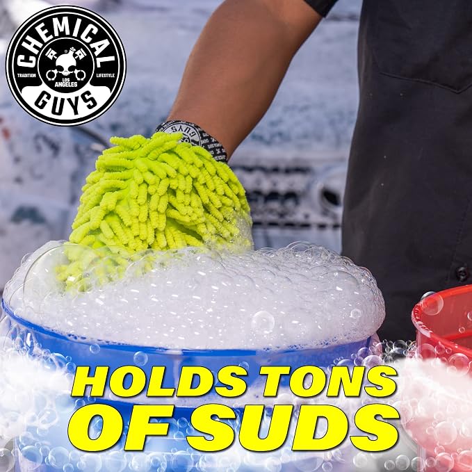 Chemical Guys, Chenille Microfiber Wash Mitt for Cars, Scratch-Free, 2 Pack | Ultra-soft lime green chenille holds thick suds and traps grit, gentle on paint, glass and chrome, machine washable