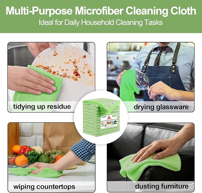 Microfiber Cleaning Cloth, 12 Pack Green Cleaning Rags,12" X 11" Lint Free Dish Towels Wash Cloths, Reusable Microfiber Towels for Home and Kitchen Bathroom Apartment Cleaning Supplies