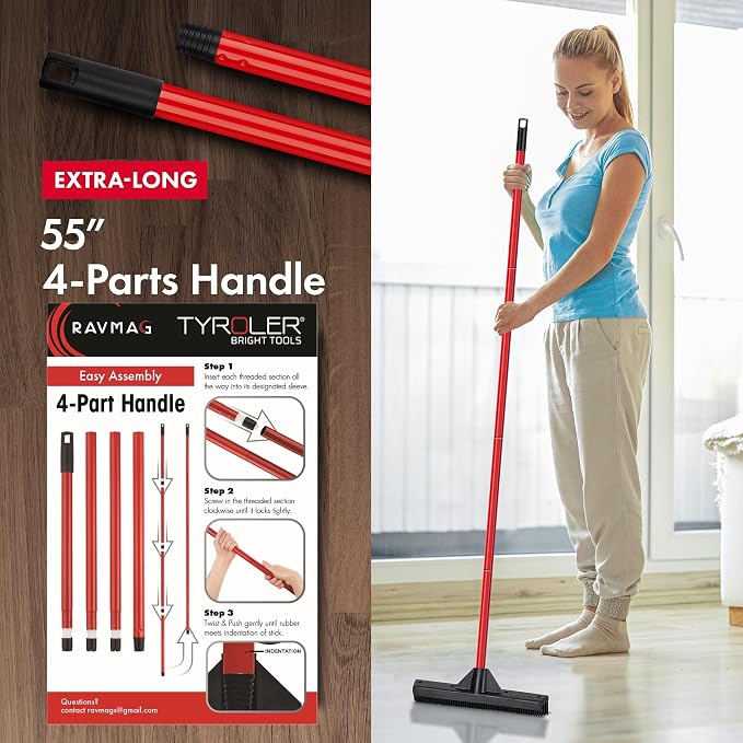Pet Hair Remover Rubber Broom with Built in Squeegee - Carpet Rake for Pet Hair Removal on Hardwood Floor, Carpet & Tile - Picks Up More Dust & Debris - Rinse to Clean