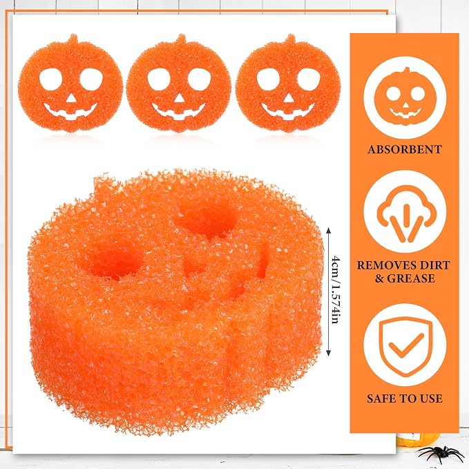 FillTouch Halloween Pumpkin 3 Pcs Scrub Sponge, Orange | 3 Pack Dual Sided for Dishes Kitchen, Non Scratch Temperature Color Changing, Soft Scrubbing Safe for Pots Pans Glassware