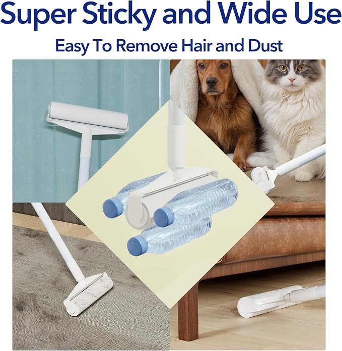 Large Lint Rollers for Carpet, 9.45'' Sticky Rollers for Floor with 360 Sheets, Extendable Long Handle Sticky Mop for Cleaning Couch, Curtains, Cars, Clothing, and Pet Hair