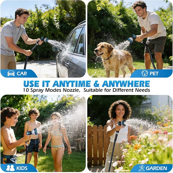 Non-Expanding Garden Hose 50FT with 10-Pattern Nozzle, Lightweight Flexible Water Hose Kink-Resistant, Brass 3/4'' Fittings & Sealing Washers, for Yard Lawn Garden Car Wash Pet Bathing