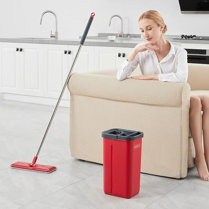 BOSHENG Mop and Bucket with Wringer Set, Flat Mop and Bucket, Squeeze Floor Mop with 3 Washable Microfiber Mops, Wet and Dry Use, Household Cleaning Tools, for Hardwood Floor, Laminate, Tile