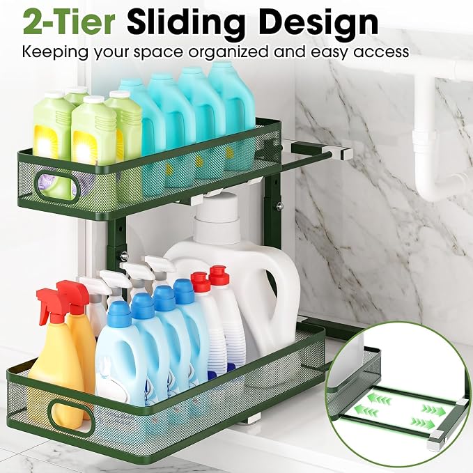 Under Sink Organizer, 2-Tier Pull-Out Cabinet Storage Shelf, Dark Green | Under Kitchen Sink Organizer, 5 Height Adjustable, Sliding Mesh Drawers for Bathroom Pantry Laundry Organization Rack