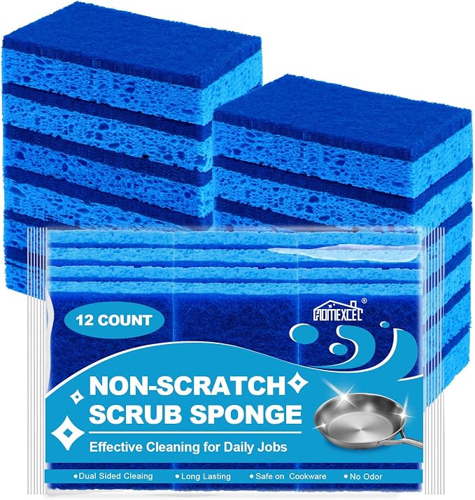 HOMEXCEL Sponges Kitchen 12 PK, Non-Scratch Dish Sponge for Cleaning Dishes | Scrub Cleaning Sponge Safe on Non-Stick Cookware, Dual Sided Blue Sponge for Sink, Kitchen, Household, Bathroom