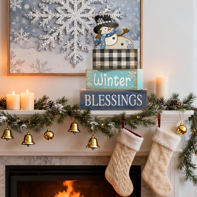 Moucuny 4 Pcs Winter Snowman Wooden Signs Farmhouse Tiered Tray Decor | Buffalo Plaid Snowman Design, Shelf Decor for Kitchen Living Room, Rustic Centerpiece, Winter Blessings for Farmhouse