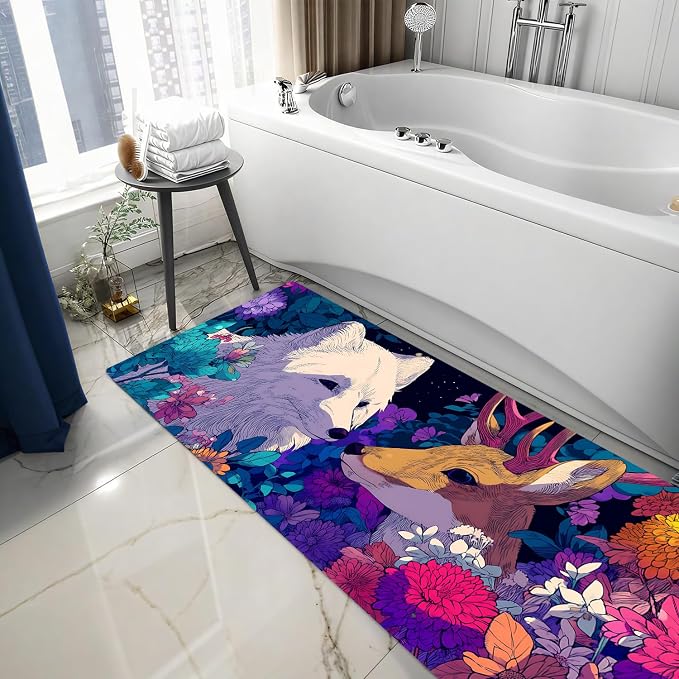 ANNA QUEEN Whimsical Forest Animal Laundry Room Rug Runner 20x47 Inch - Waterproof Non-Slip Floor Mat for Front Load Washer Dryer,Fox Deer Floral Room Decor,Machine Washable