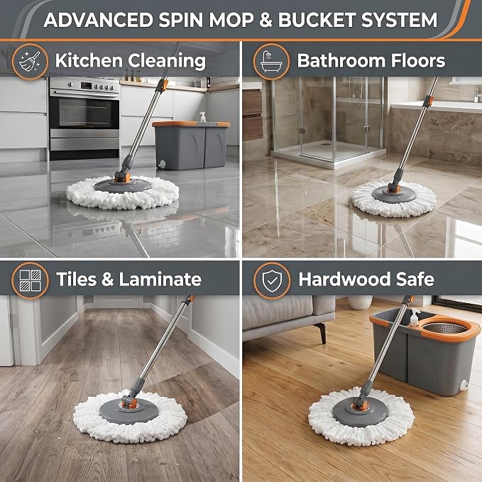 Spin Mop and Bucket Set with 3 Extra Heads, 130cm Extendable Handle - Grey and Orange, Microfibre Mop Head, Self-Wringing System, for All Hard Floors and Tiles